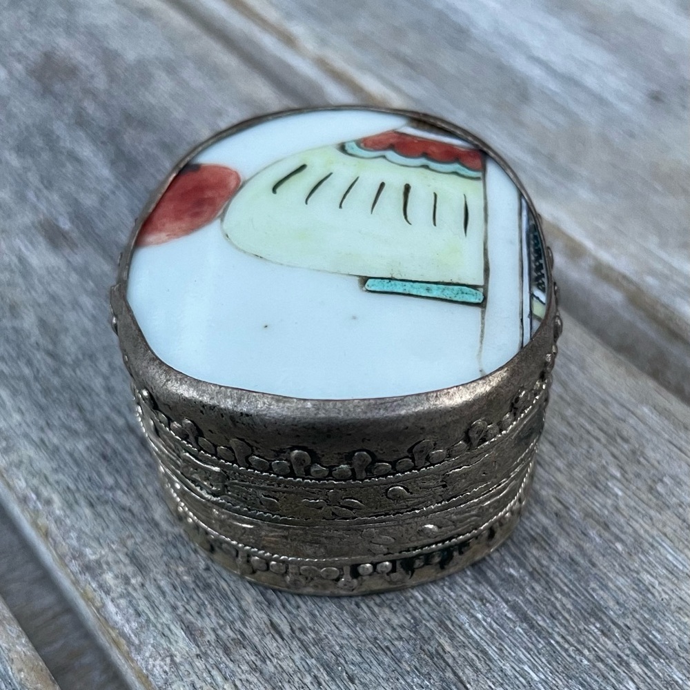 Antique Pill Snuff Box Detailed Metal With Glazed Ceramic Lid Container